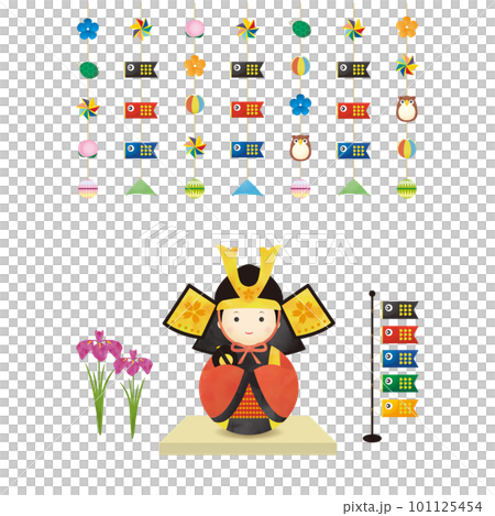 五月人形とこいのぼりと菖蒲とつるし飾りのイラストセットのイラスト