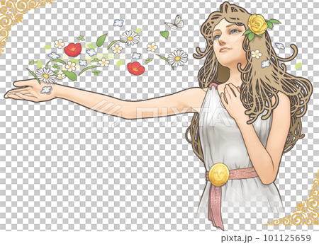 花を撒く春の女神 (ヨコ構図)_アール・ヌーヴォー風のイラスト素材