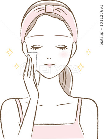 コットンで化粧水をつける女性のイラスト 101125691