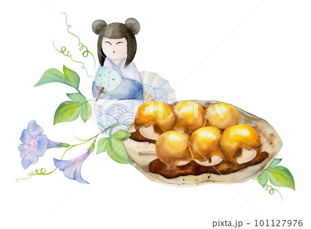 Watercolor hand drawn traditional Japanese sweets. Ceramic dish, dango, summer wagashi. Isolated on white background. Design for invitations, restaurant menu, greeting cards, print, textile Watercolor hand drawn traditional Japanese sweets. Ceramic dish, dango, summer wagashi. Isolated on white background. Design for invitations, restaurant menu, greeting cards, print, textile 101127976