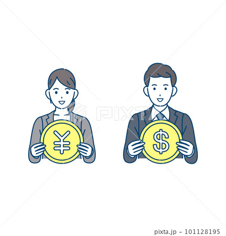 通貨、お金を持つスーツ姿の男女　ビジネスパーソン 101128195