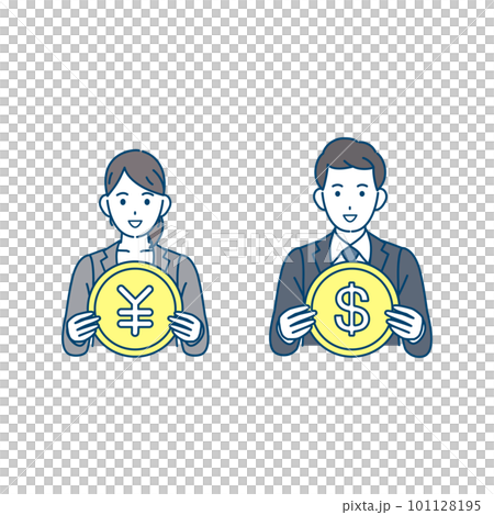 通貨、お金を持つスーツ姿の男女　ビジネスパーソン 101128195