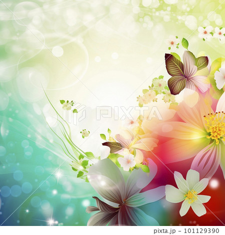 spring background with colorful flowers and butterflies 101129390
