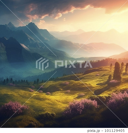 Beautiful summer landscape with mountains, hills and nature 101129405
