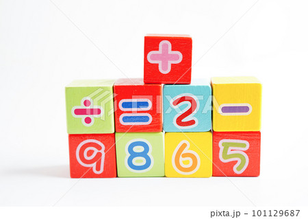 Number wood block cubes for learning Mathematic, education math concept. 101129687