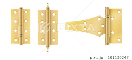 Golden door hinges construction hardware. Realistic set of gold tools for joint gates and windows.metal hinges for house and furniture. vector 101130247