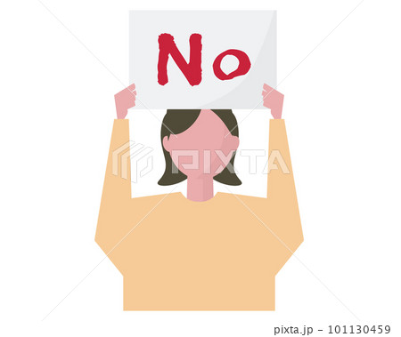 NOのフリップボードを持って抗議デモをする女性。反対、選挙。ベクターイラスト NOのフリップボードを持って抗議デモをする女性。反対、選挙。ベクターイラスト 101130459