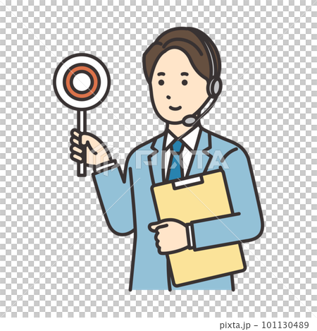 Illustration of a male operator holding materials and a mark Illustration of a male operator holding materials and a mark 101130489