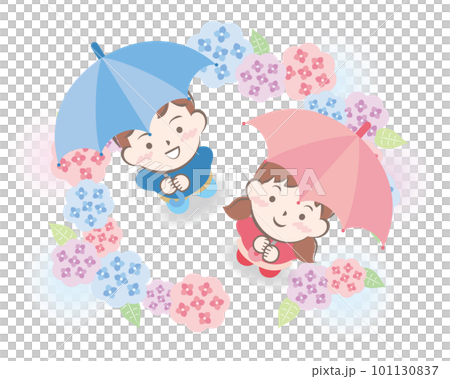 Children with umbrellas surrounded by hydrangeas 101130837
