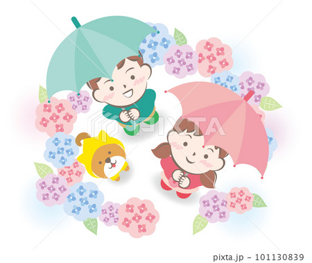 紫陽花に囲まれる傘をさした子供たちと柴犬 紫陽花に囲まれる傘をさした子供たちと柴犬 101130839