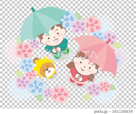 紫陽花に囲まれる傘をさした子供たちと柴犬 紫陽花に囲まれる傘をさした子供たちと柴犬 101130839