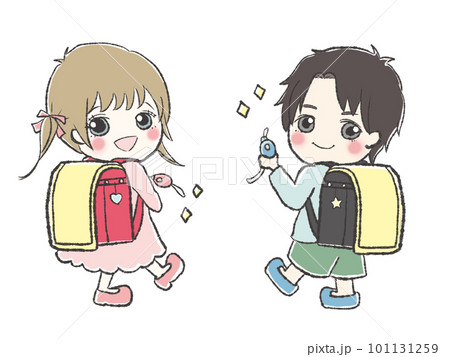 防犯ブザーを付けよう！小学生の女の子と男の子がランドセルを背負ったイラスト 101131259