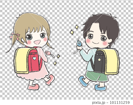防犯ブザーを付けよう！小学生の女の子と男の子がランドセルを背負ったイラスト 101131259