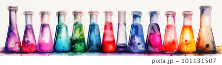 Multicolored glass flasks, chemistry concept watecolor banner illustration isolated on white, AI generative image Multicolored glass flasks, chemistry concept watecolor banner illustration isolated on white, AI generative image 101131507