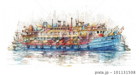 Fantasy fairy tale cargo ship, concept watecolor banner illustration isolated on white, AI generative image 101131508