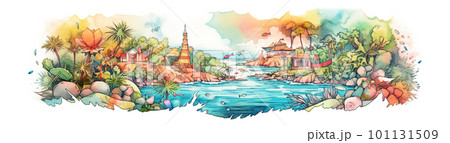 Paradise tropical islands, concept watecolor banner illustration isolated on white, AI generative image Paradise tropical islands, concept watecolor banner illustration isolated on white, AI generative image 101131509