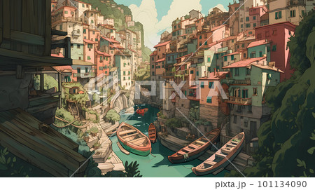 Illustration of the small fishing village of Riomaggiore, Cinque Terre, Italy Illustration of the small fishing village of Riomaggiore, Cinque Terre, Italy 101134090