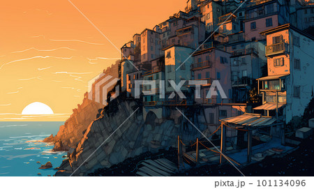 Illustration of the small fishing village of Riomaggiore, Cinque Terre, Italy 101134096