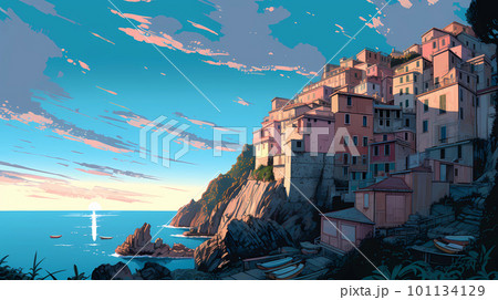 Illustration of the small fishing village of Riomaggiore, Cinque Terre, Italy Illustration of the small fishing village of Riomaggiore, Cinque Terre, Italy 101134129