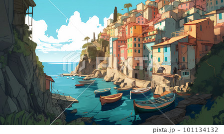 Illustration of the small fishing village of Riomaggiore, Cinque Terre, Italy 101134132