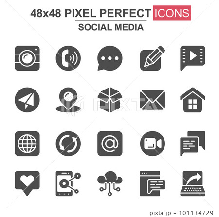 Social media glyph icon set. Message, call, chat, mail, smartphone, pinpointer, like, camera, cloud storage unique icons. Flat vector bundle for UI UX design. 48x48 pixel perfect 101134729