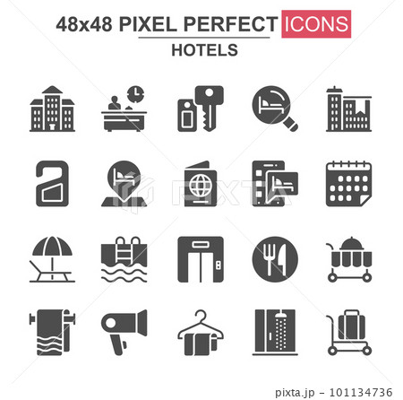 Hotels glyph icon set. Receptionist, towel, restaurant, shower, luggage, key, room service, pool, elevator unique icons. Flat vector bundle for UI UX design. 48x48 pixel perfect GUI Hotels glyph icon set. Receptionist, towel, restaurant, shower, luggage, key, room service, pool, elevator unique icons. Flat vector bundle for UI UX design. 48x48 pixel perfect GUI 101134736