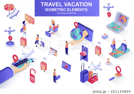 Travel vacation bundle of isometric elements. Flight booking, airplane boarding, tourist with luggage, travel agency, hotel reservation icons. Isometric vector illustration kit with people characters. 101134844