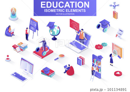 Education bundle of isometric elements. Academic cap, online library, studying student, distance learning, webinar, homework isolated icons. Isometric vector illustration kit with people characters. Education bundle of isometric elements. Academic cap, online library, studying student, distance learning, webinar, homework isolated icons. Isometric vector illustration kit with people characters. 101134891
