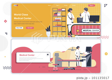 Medical center landing pages. Online consultation, diagnosis and treatment corporate website. Flat vector illustration with people characters. Web concept use as header, footer or middle content. Medical center landing pages. Online consultation, diagnosis and treatment corporate website. Flat vector illustration with people characters. Web concept use as header, footer or middle content. 101135017