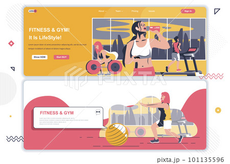 Fitness gym landing pages set. Sports club, workout and training space corporate website. Flat vector illustration with people characters. Web concept use as header, footer or middle content. 101135596