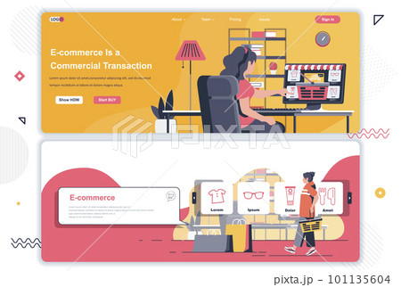 E-commerce landing pages set. Online shopping, internet marketplace corporate website. Flat vector illustration with people characters. Web concept use as header, footer or middle content. 101135604