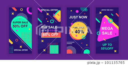Advertising design social networks instagram stories. Set of sale web banner, poster, cover for online shopping, marketing, promo, discount products. Modern insta cover template. Vector illustration. 101135765
