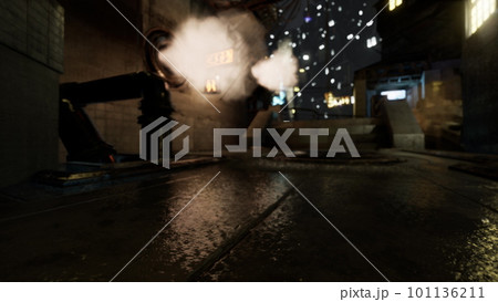 Foggy industrial urban street city night scenery 101136211