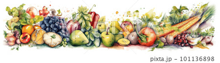 healthy food, fruits and vegetables, watecolor banner illustration isolated on white, AI generative image 101136898