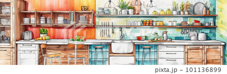 modern kitchen furniture front view, concept watecolor banner illustration isolated on white, AI generative image 101136899