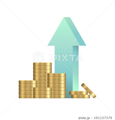 Golden coins and up arrow. Realistic stacks of coins. Cash money income, increase. Vector illustration isolated on white background. 101137370