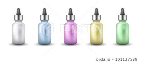 Dropper bottle realistic set for oil, essence and serum. Templates for cosmetic brand. Beauty care colorful collection of essence vials. 101137539