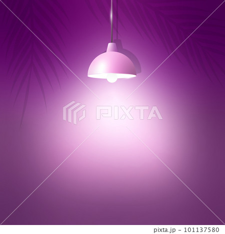 Hanging lamp and Illuminated wall background design for presentation, advertising and showcase. Realistic apartment interior in pink color with palm branch shadows.  101137580