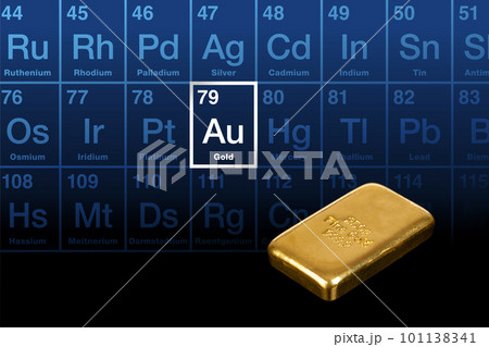 Cast gold bar, and periodic table with highlighted chemical element gold, with Latin name aurum, symbol Au, and atomic number 79. A 250 gram bullion bar, 8 troy ounces of the refined chemical element. Cast gold bar, and periodic table with highlighted chemical element gold, with Latin name aurum, symbol Au, and atomic number 79. A 250 gram bullion bar, 8 troy ounces of the refined chemical element. 101138341