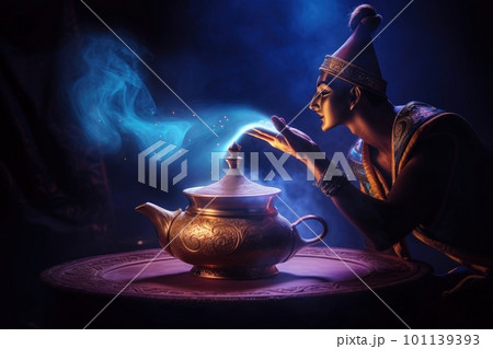 the genie blows the dust off the magic lamp 101139393