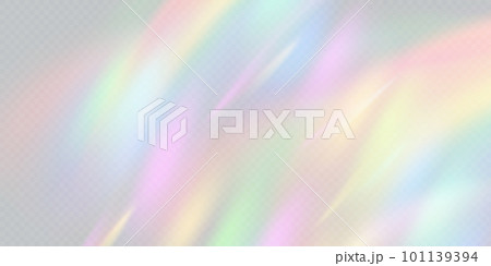 Rainbow light prism effect, transparent background. Hologram reflection, crystal flare leak shadow overlay. Vector illustration of abstract blurred iridescent light backdrop. 101139394
