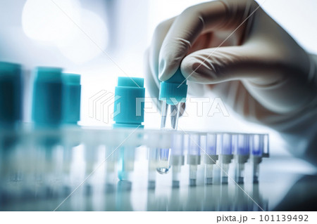 ワクチンの入ったバイアル瓶を引き抜く科学者の手 ワクチンの入ったバイアル瓶を引き抜く科学者の手 101139492