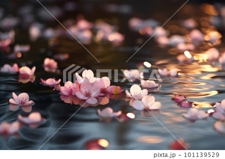 静かな水面に浮かぶ桜の花びらのイラスト素材 [101139529] - PIXTA