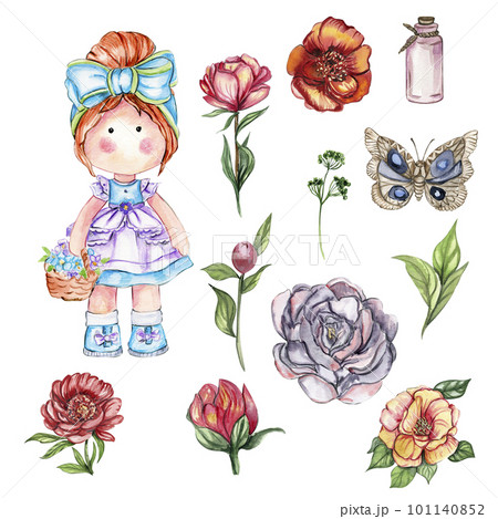 Watercolor hand drawn cute doll Tilda with flower.Hand drawn watercolor illustration isolated on white.Designf for baby shower party,birthday,cake,holiday celebration design,greetings card,invitation. Watercolor hand drawn cute doll Tilda with flower.Hand drawn watercolor illustration isolated on white.Designf for baby shower party,birthday,cake,holiday celebration design,greetings card,invitation. 101140852