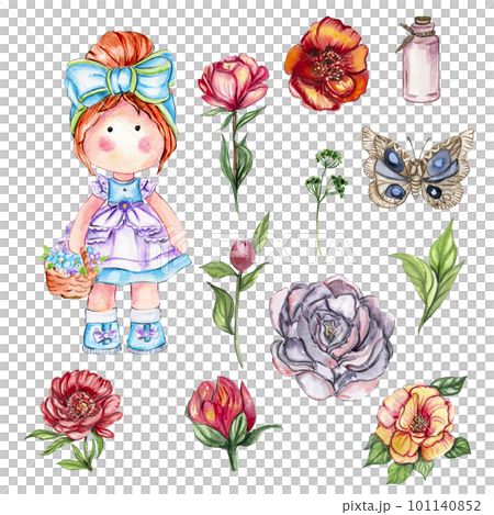 Watercolor hand drawn cute doll Tilda with flower.Hand drawn watercolor illustration isolated on white.Designf for baby shower party,birthday,cake,holiday celebration design,greetings card,invitation. 101140852
