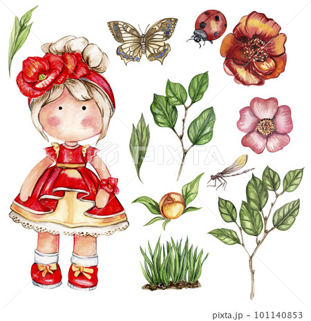 Watercolor hand drawn cute doll Tilda with flower.Hand drawn watercolor illustration isolated on white.Designf for baby shower party,birthday,cake,holiday celebration design,greetings card,invitation. 101140853