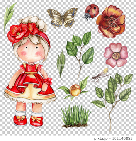 Watercolor hand drawn cute doll Tilda with flower.Hand drawn watercolor illustration isolated on white.Designf for baby shower party,birthday,cake,holiday celebration design,greetings card,invitation. 101140853