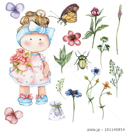 Watercolor hand drawn cute doll Tilda with flower.Hand drawn watercolor illustration isolated on white.Designf for baby shower party,birthday,cake,holiday celebration design,greetings card,invitation. Watercolor hand drawn cute doll Tilda with flower.Hand drawn watercolor illustration isolated on white.Designf for baby shower party,birthday,cake,holiday celebration design,greetings card,invitation. 101140854
