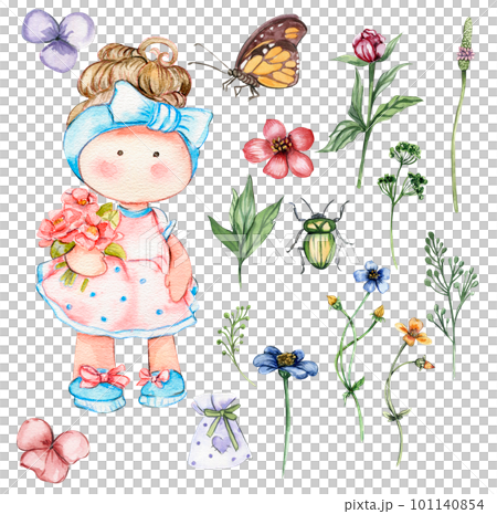 Watercolor hand drawn cute doll Tilda with flower.Hand drawn watercolor illustration isolated on white.Designf for baby shower party,birthday,cake,holiday celebration design,greetings card,invitation. Watercolor hand drawn cute doll Tilda with flower.Hand drawn watercolor illustration isolated on white.Designf for baby shower party,birthday,cake,holiday celebration design,greetings card,invitation. 101140854