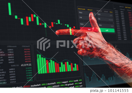 A close-up of a man's hand, showing a gun, covered in blood. financial crime. Stock charts on a virtual screen. A close-up of a man's hand, showing a gun, covered in blood. financial crime. Stock charts on a virtual screen. 101141555